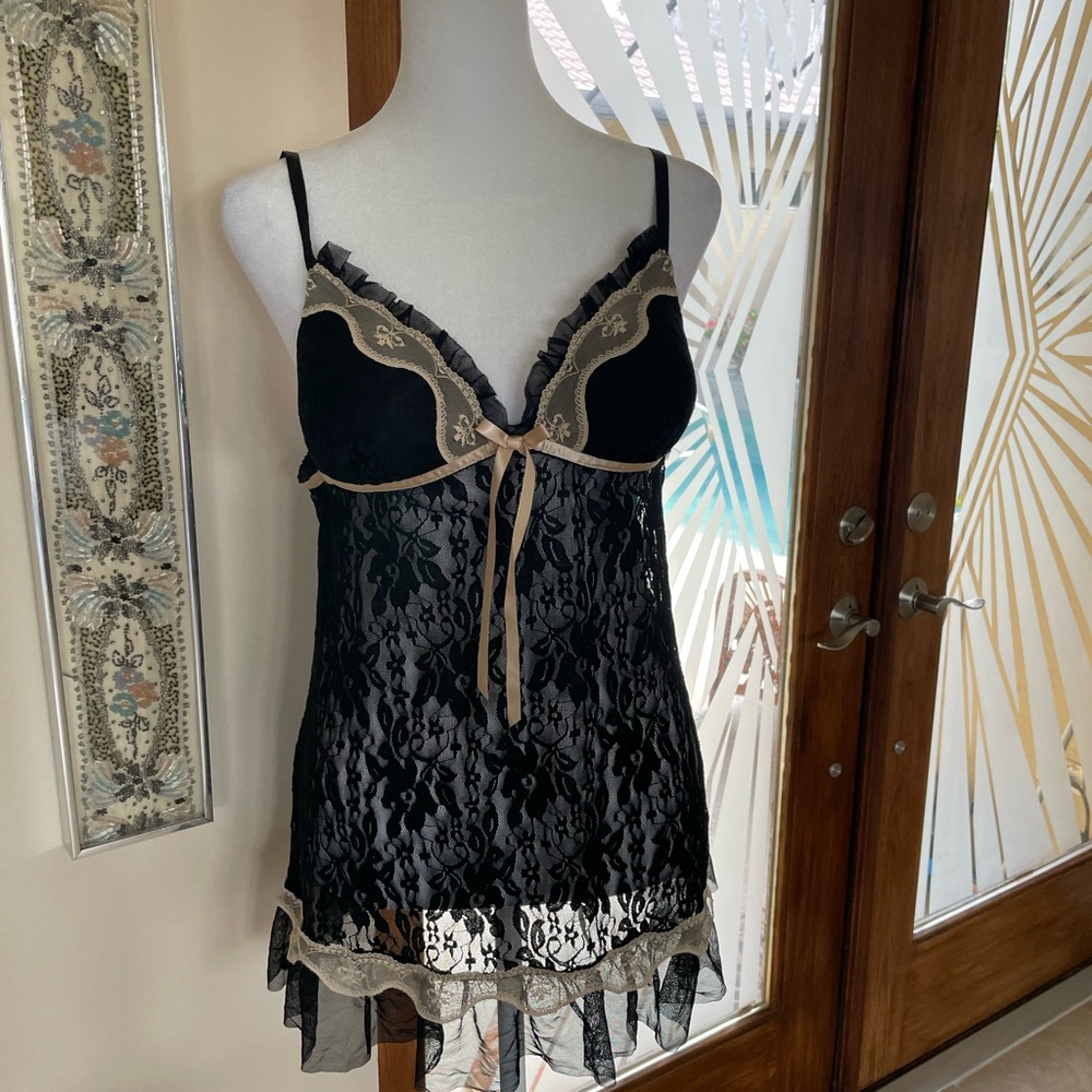Linea Donatella Black Lacey Ribbon Bow Adjustable Straps Lingerie Chemise M